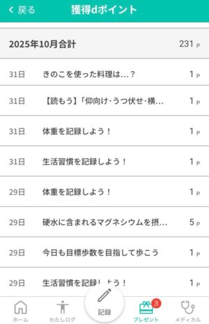 dヘルスケア　10月ポイント獲得実績